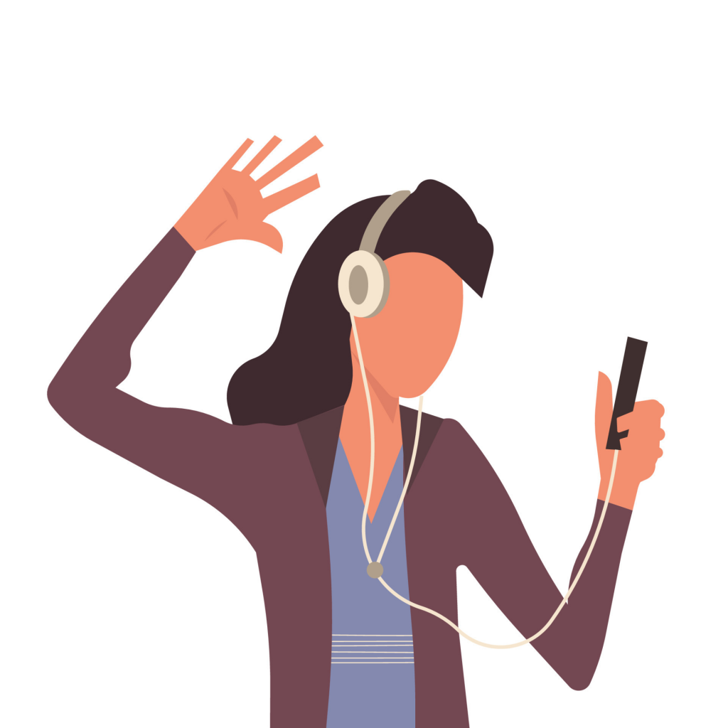Graphic illustration of a person wearing a VR headset and headphones